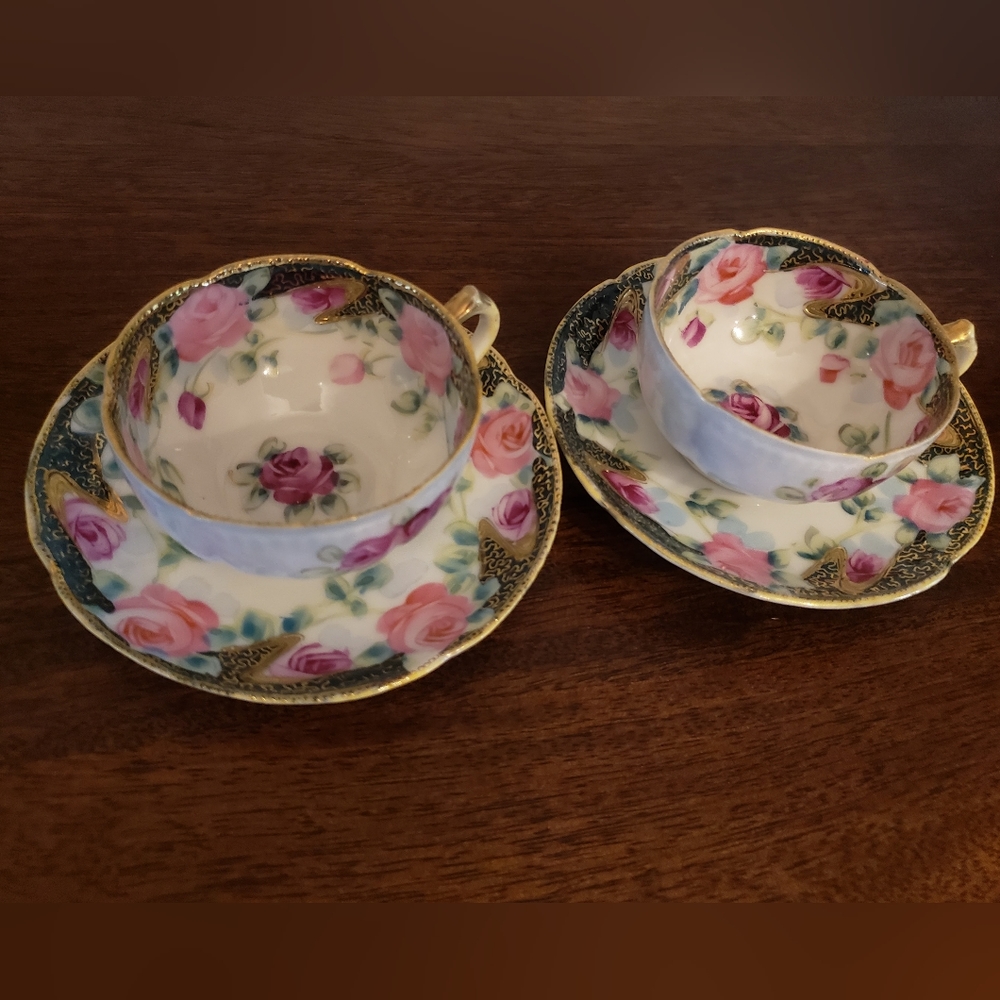 Vintage Teacups with Saucers Black & Gold Detail Pink Flowers - Picture 1 of 14